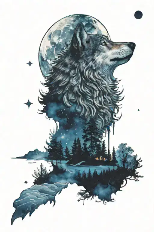 Wolf And Moon Night Sky  tattoo design idea