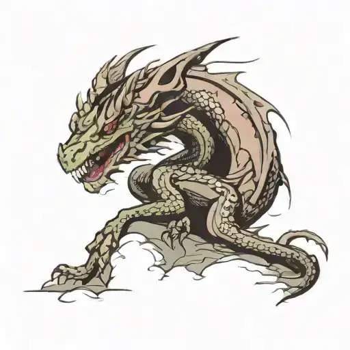 A trail of footprints leading to a toothless dragon resting on a cliff edge tattoo design idea