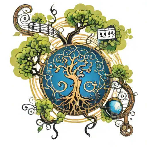 A steam punk-inspired tree of life with musical notes flowing through the branches tattoo design idea