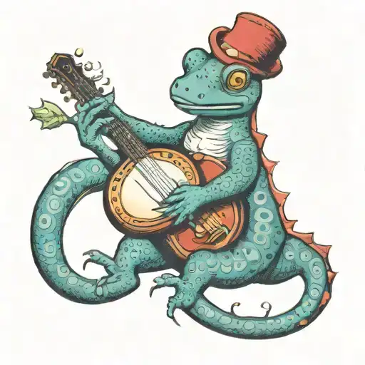 Red salamander playing the banjo tattoo design idea