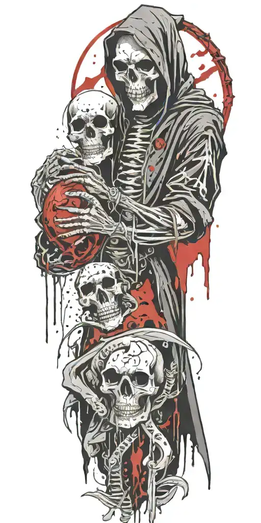 Grim Reaper holding a skull trash polka tattoo, vertical text saying "Eat Me" tattoo design idea