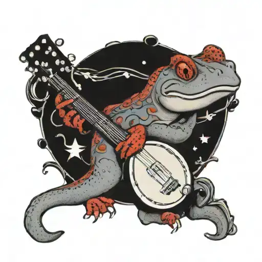 Red salamander playing the banjo tattoo design idea