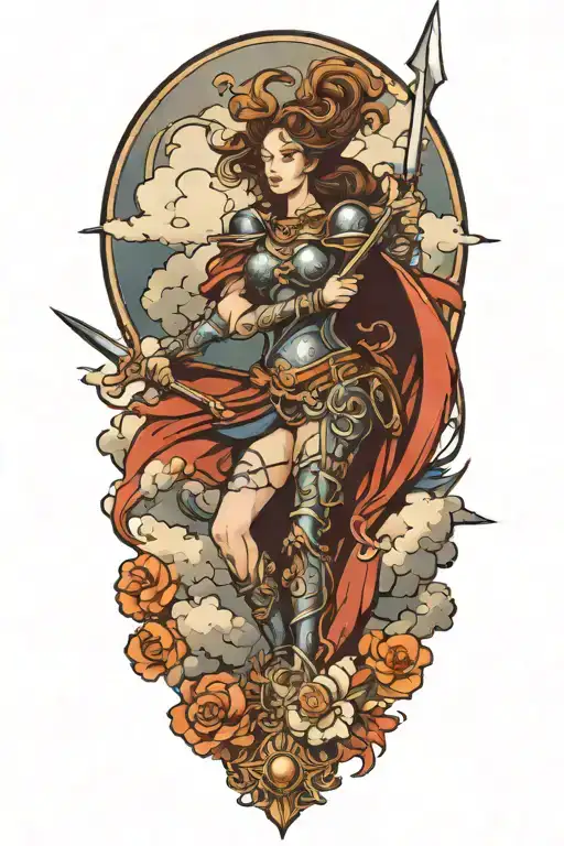 Baroque style woman warrior with a spear in clouds tattoo design idea