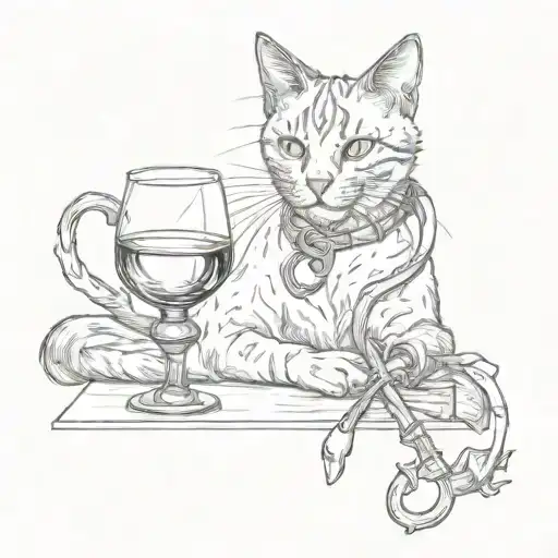 Anchor, glass of wine, cat tattoo design idea
