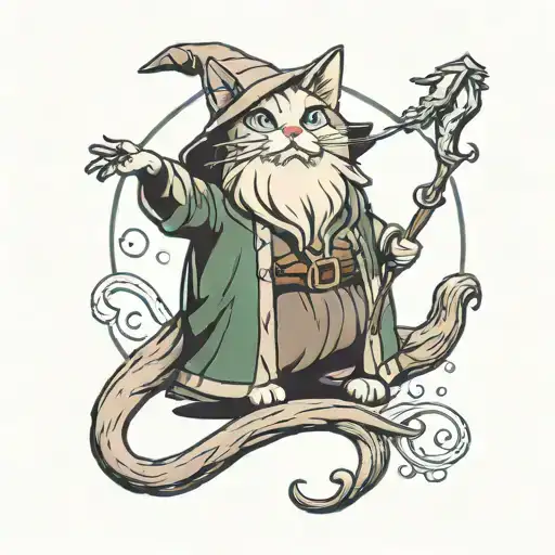 cat wizard, gandalf, lord of the rings, detailed, fantasy, cute, adorable, Pixar, Disney, 8k tattoo design idea