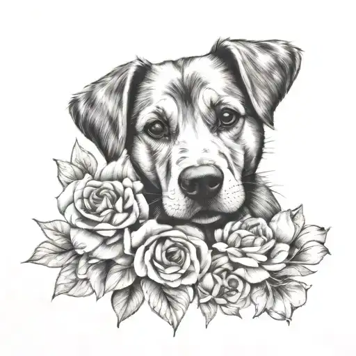 A realistic portrait of a dog paw print surrounded by blooming flowers tattoo design idea