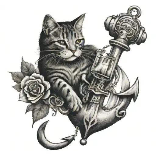 Anchor, glass of wine, cat tattoo design idea