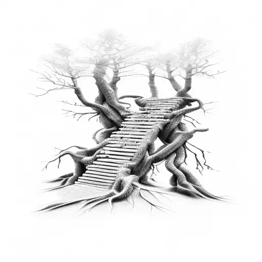 Tree roots at the base of a stairway t0 heaven tattoo design idea