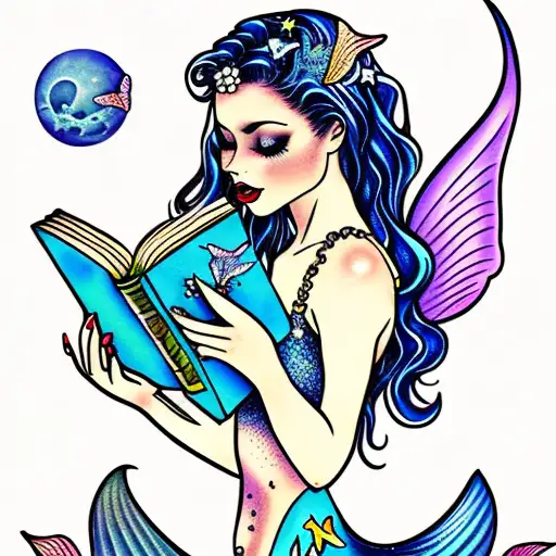 moon. mermaid with fairy wings, reading books. mermaid tail. magic, butterflies  tattoo design idea