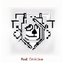 Red square with a black and white teeth, pixel art tattoo design idea