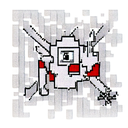 Red square with a black and white teeth, pixel art tattoo design idea