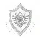A Hylian Shield with a daughter and her father embracing in front of it. The daughter is wearing a Triforce pendant, and tattoo design idea