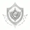 A Hylian Shield with a daughter and her father embracing in front of it. The daughter is wearing a Triforce pendant, and tattoo design idea