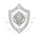 A Hylian Shield with a daughter and her father embracing in front of it. The daughter is wearing a Triforce pendant, and tattoo design idea