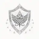 A Hylian Shield with a daughter and her father embracing in front of it. The daughter is wearing a Triforce pendant, and tattoo design idea