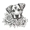 A realistic portrait of a dog paw print surrounded by blooming flowers tattoo design idea