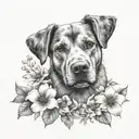 A realistic portrait of a dog paw print surrounded by blooming flowers tattoo design idea