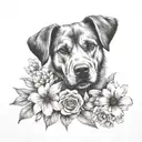 A realistic portrait of a dog paw print surrounded by blooming flowers tattoo design idea