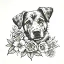 A realistic portrait of a dog paw print surrounded by blooming flowers tattoo design idea