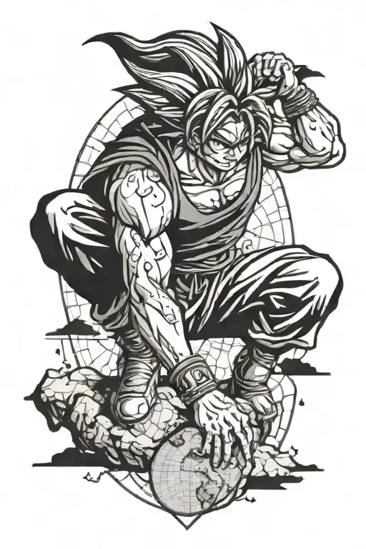 Goku on knee holding world map over head  tattoo design idea