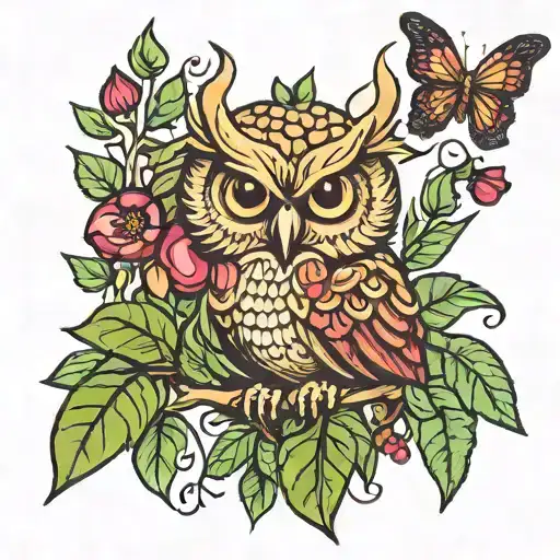 owl pomegranate spear torch olive tree butterflies tattoo design idea