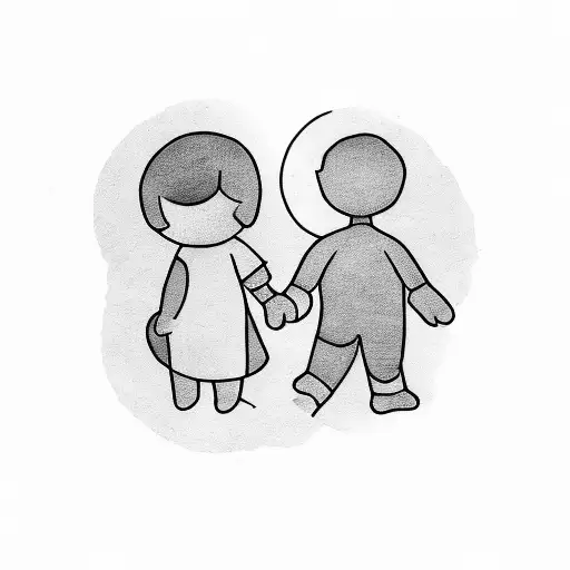 A minimalist representation of two children holding hands, with their birth months (July and February) incorporated as subtle elements tattoo design idea