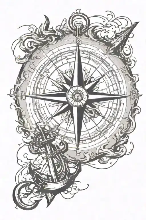 compass rose map  anchor ship sailing through stormy seas tattoo design idea