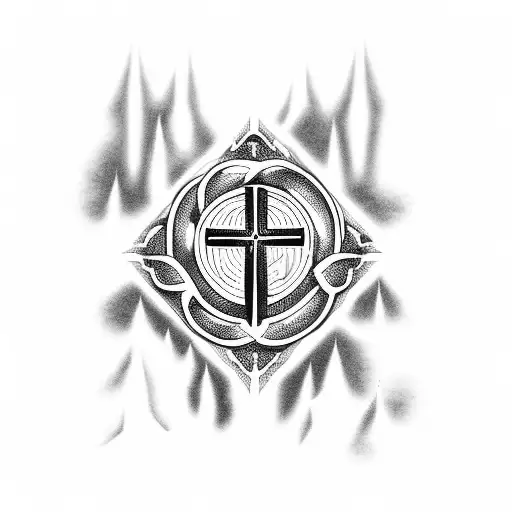 orthodox cross woth flames and Mountains tattoo design idea