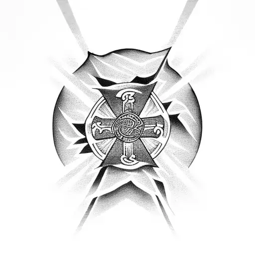 orthodox cross woth flames and Mountains tattoo design idea