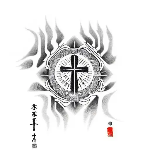 orthodox cross woth flames and Mountains tattoo design idea