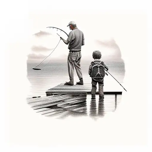 Grandfather and grandson fishing off a dock at sunset tattoo design idea