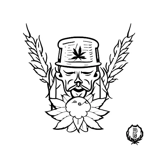 A minimalist tattoo of a dancing figure made up of smoke, with a cannabis leaf as the head tattoo design idea