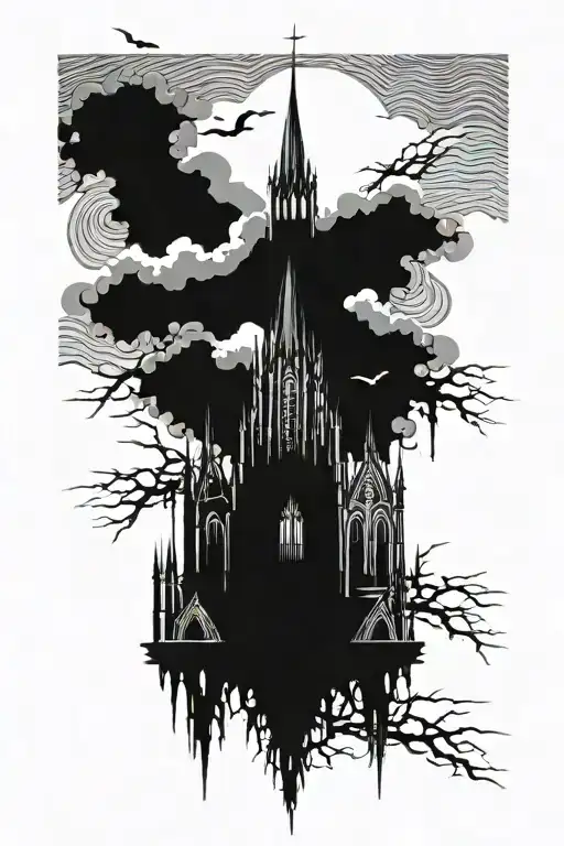 Gothic cathedral on a background of curly clouds, a crown of thorns below tattoo design idea