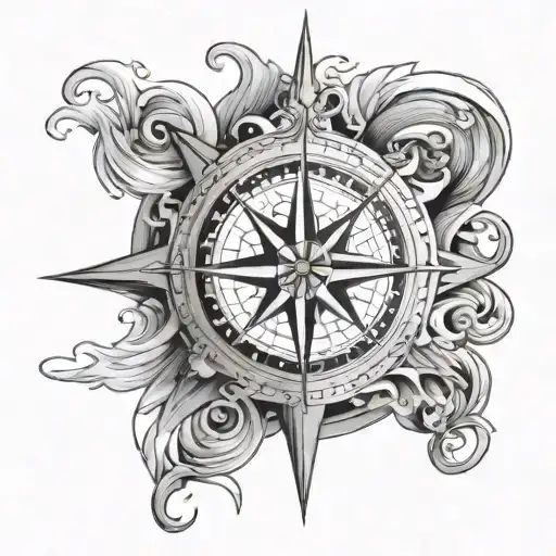 A black-grey tattoo of a compass rose surrounded by waves, symbolizing the seaman's love for the sea and Georgia tattoo design idea