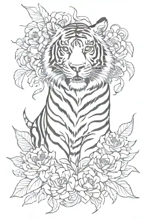tiger  flower with "never give up" in chinese  tattoo design idea