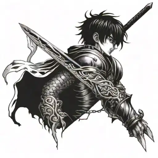 A detailed blackwork tattoo featuring Guts from Berserk wielding his iconic sword tattoo design idea