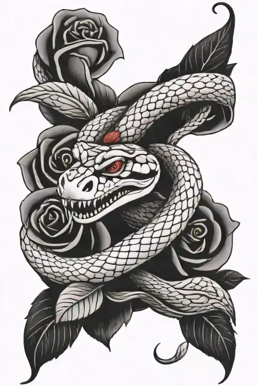 snake with open mouth around rose with thorns tattoo design idea