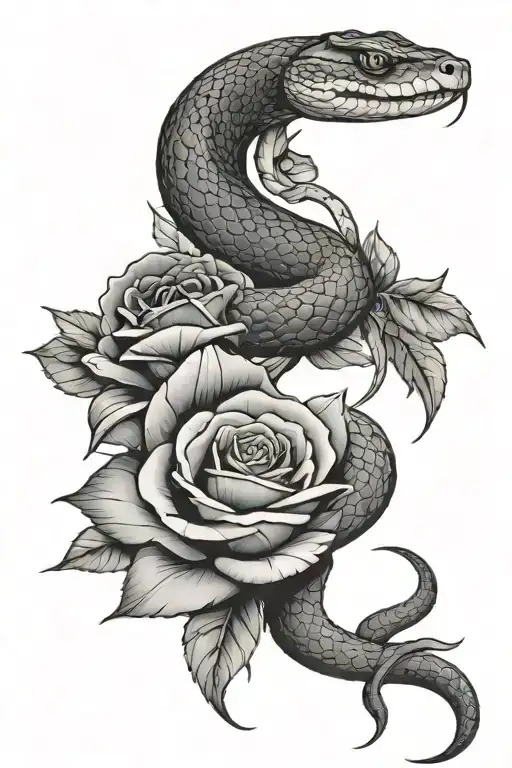 snake with open mouth around rose with thorns tattoo design idea