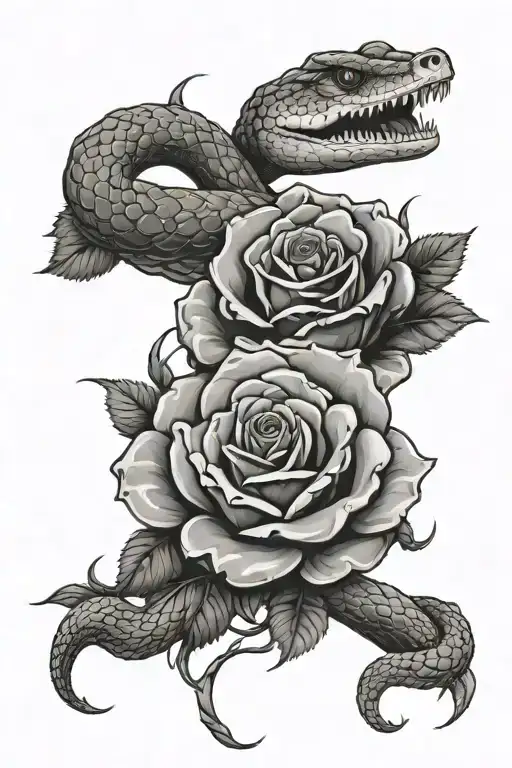 snake with open mouth around rose with thorns tattoo design idea
