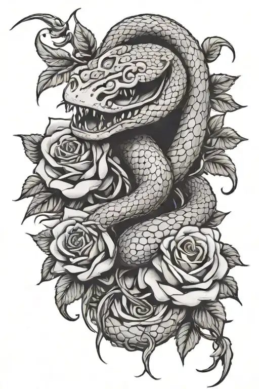 snake with open mouth around rose with thorns tattoo design idea