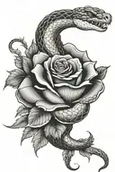 snake with open mouth around rose with thorns tattoo design idea