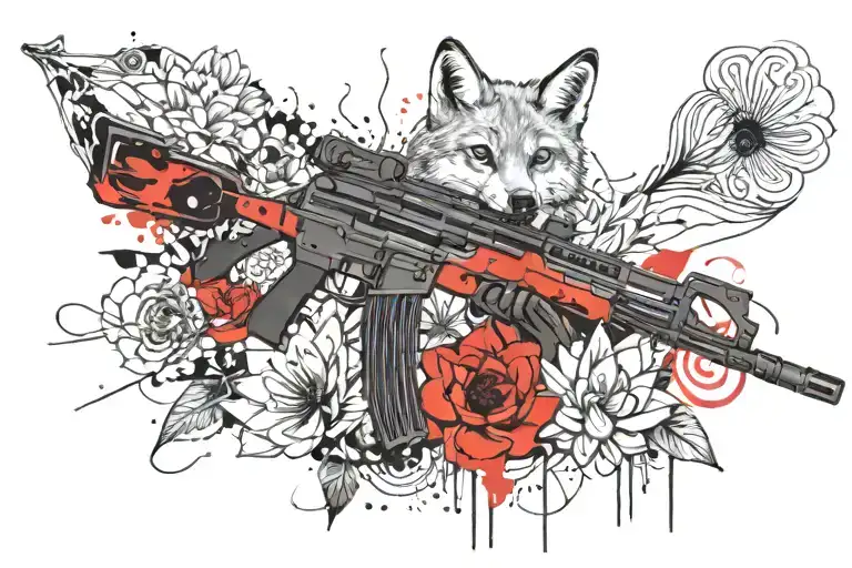 AK-74m assault rifle against the background of a lotus flower and a fox tattoo design idea