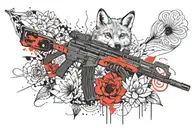AK-74m assault rifle against the background of a lotus flower and a fox tattoo design idea