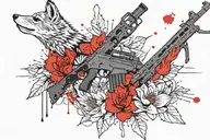 AK-74m assault rifle against the background of a lotus flower and a fox tattoo design idea
