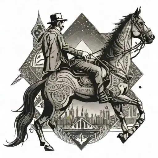 A dotwork tattoo of an entrepreneur riding a horse with a dog by their side, symbolizing success and loyalty tattoo design idea