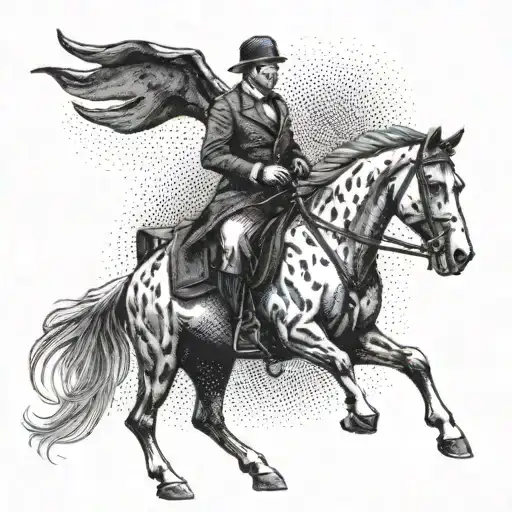 A dotwork tattoo of an entrepreneur riding a horse with a dog by their side, symbolizing success and loyalty tattoo design idea