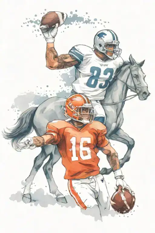 A dotwork design featuring a football player with a horse and dog cheering in the background tattoo design idea