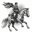 A dotwork tattoo of an entrepreneur riding a horse with a dog by their side, symbolizing success and loyalty tattoo design idea