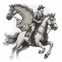 A dotwork tattoo of an entrepreneur riding a horse with a dog by their side, symbolizing success and loyalty tattoo design idea