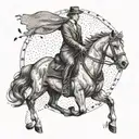 A dotwork tattoo of an entrepreneur riding a horse with a dog by their side, symbolizing success and loyalty tattoo design idea